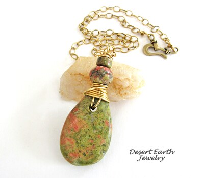 Unakite Stone Necklace on Brass Chain - Pink Green Gemstone Pendant - Handmade Wire Wrapped Stone Jewelry - image1